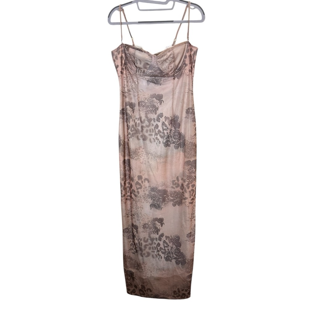 Elegant Women’s Body Con Bustier Romantic Floral Mesh Overlay Slip Dress sz L